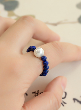 天然朱砂青金石戒指小米珠女小中式简约原创复古文艺礼物淡水珍珠