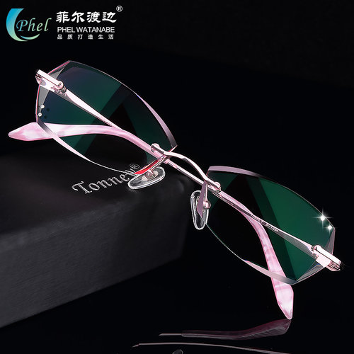 钻石切边近视眼镜镶钻女款无框钛架近视眼镜框眼镜架含镜片T229 - 图0