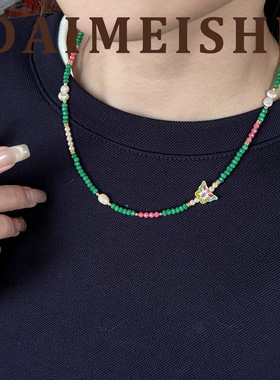 春夏森系时尚简约百搭淡水珍珠滴油蝴蝶串珠项链轻奢高级感锁骨链