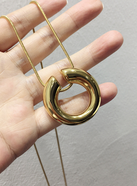 秋冬新款简约休闲百搭金属素款未镶嵌缺角圆形圈项链毛衣链挂件饰