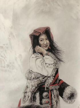 藏獒美女工笔国画走兽人物字画纳福来财画中堂办公室装饰挂画