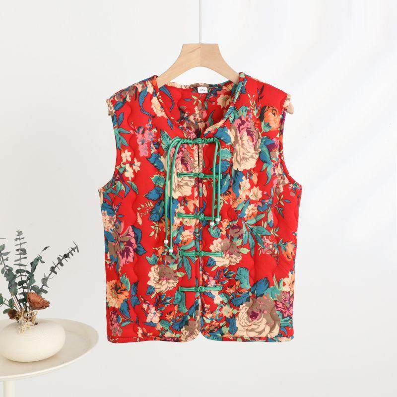 东北大花网红棉马甲女秋冬季民族风对襟盘扣中式短款马夹坎肩背心,淘宝优惠券,粉丝福利购,淘宝优惠卷