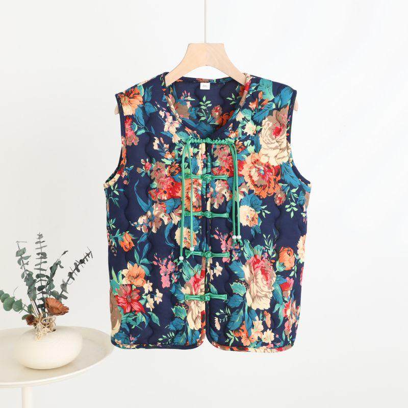 东北大花网红棉马甲女秋冬季民族风对襟盘扣中式短款马夹坎肩背心,淘宝优惠券,粉丝福利购,淘宝优惠卷