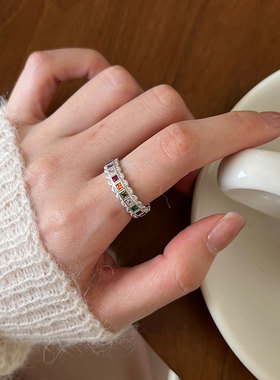 通体纯银蕾丝彩虹锆石戒指女