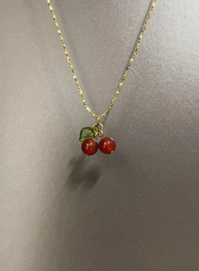 Heureusement红色樱桃吊坠项链女小众高级感毛衣链可爱锁骨链配饰