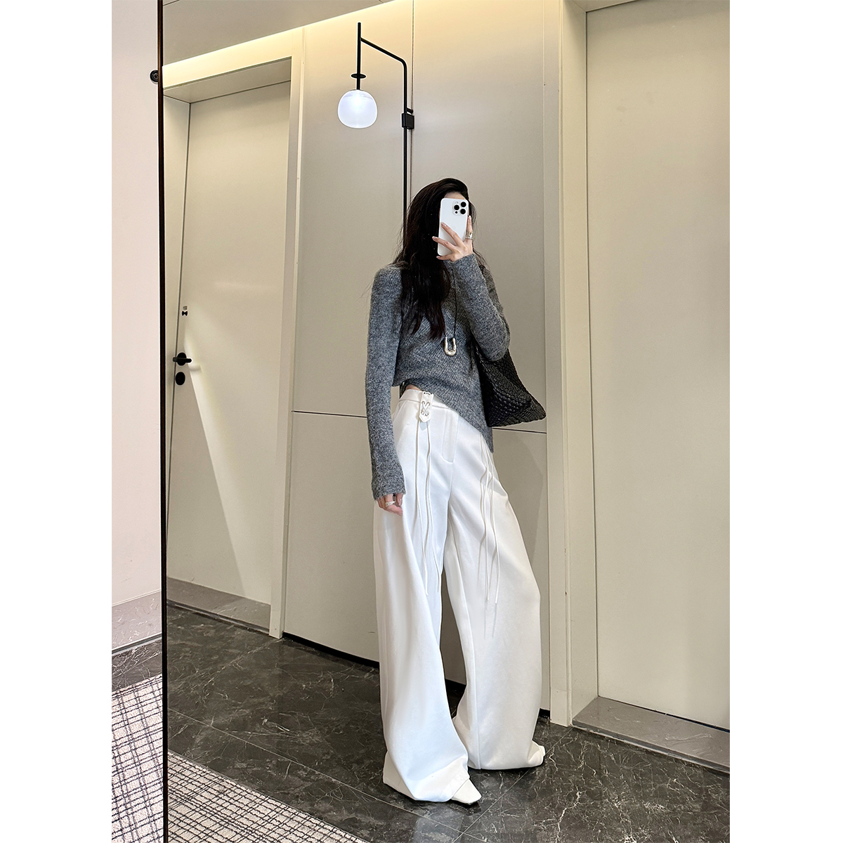 PAPERLLL辛间小众加绒挂绳阔腿毛呢裤女秋冬宽松休闲直筒黑色长裤 - 图2