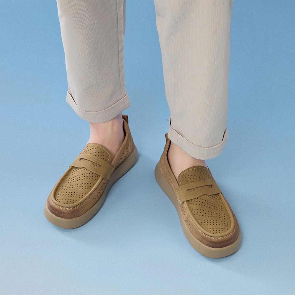 Bestu 2025 summer mall new style perforated breathable color-brushed loafers thick-soled men's casual leather shoes 58855BM5