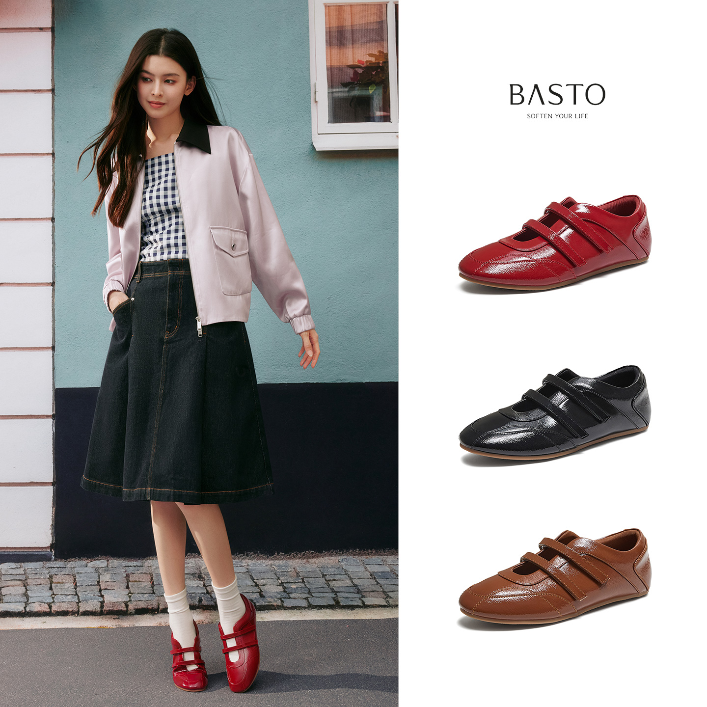 百思图25秋新款魔术贴红色芭蕾单鞋玛丽珍平底休闲女单鞋D3536CQ5 - 图3