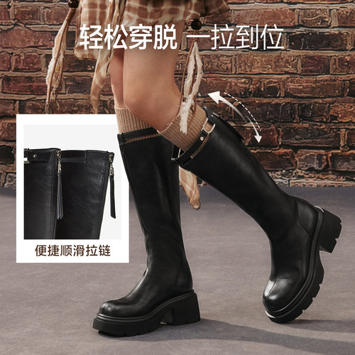 百思图冬季商场新款高跟骑士靴圆头粗跟厚底女长靴F1711DG5 - 图2