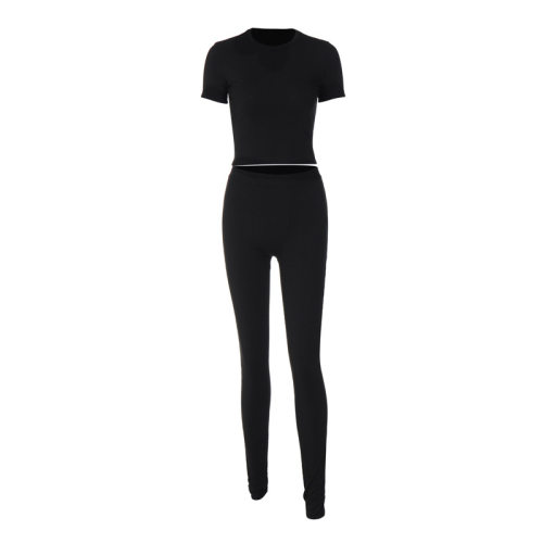 2023 casual black slim 2 piece for women plain t-shirt pants-图3