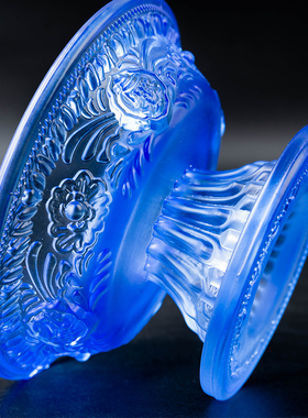 蓝色水琉璃护法杯中式复古摆件