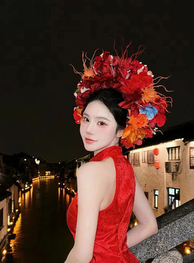 簪花围黑色汉服头花头饰簪花发饰民族风仿真花发箍旅游景区浔埔女