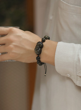 12mm天然金曜石貔貅手链编绳男款黑曜石手串送男友520情人节礼物