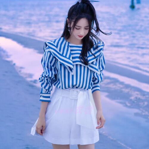 明星佟丽娅生日同款条纹衬衣套装白色短裤杨紫衬衫女春秋夏新款 - 图0