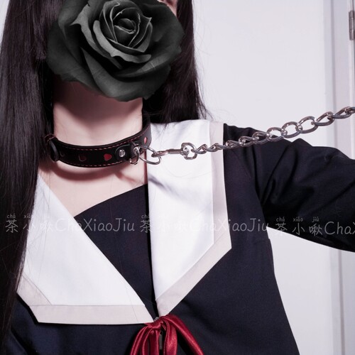 茶小啾项圈脖环饰品项链颈带cos爱心牵引绳女仆牵引链朋克PU项圈 - 图1