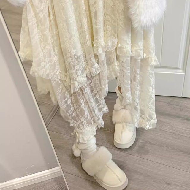 Ruibbit apricot lace long skirt irregular women's skirt Japanese sweet and versatile French retro