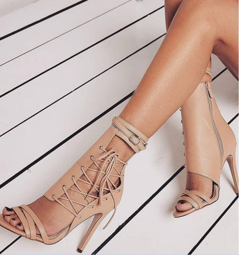 绑带侧空凉鞋女women fashion high heels sandals ladies shoes-图1