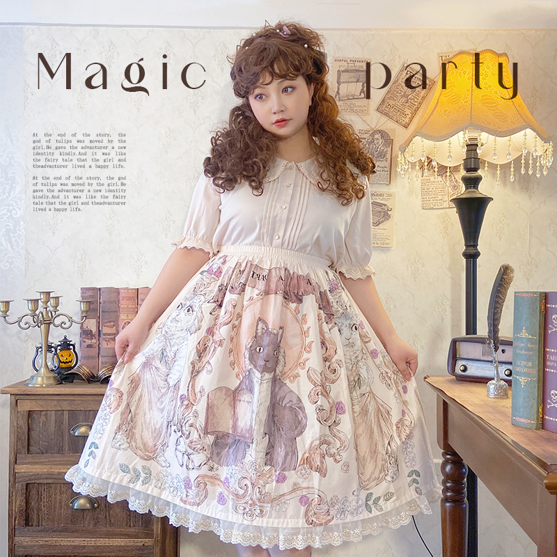 【二团】魔法茶会Lolita原创素描猫印花SK半身裙可爱优雅日常-图2