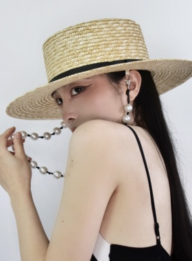 草帽出游欧美女夏季平檐珍珠