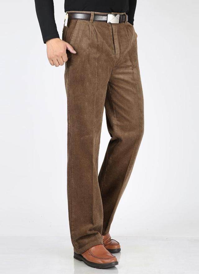 秋冬新款中老年男士纯棉粗条绒高腰大码宽松灯芯绒加肥休闲长裤子