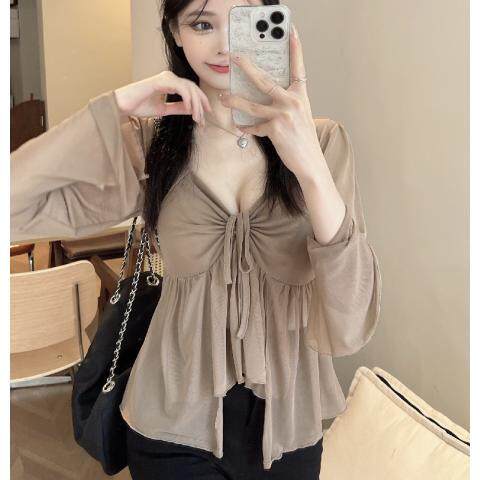 胖mm特大码300斤性感辣妹低领露胸衬衫不规则纯欲风上衣女春秋款 - 图3