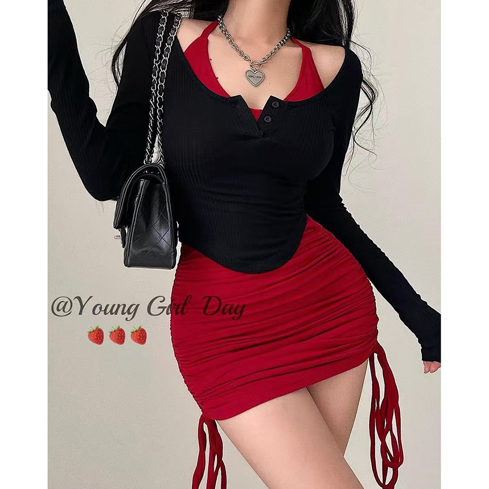 胖mm特大码300斤性感抽绳褶皱挂颈包臀裙辣妹纯欲长袖T恤两件套装,淘宝优惠券,粉丝福利购,淘宝优惠卷