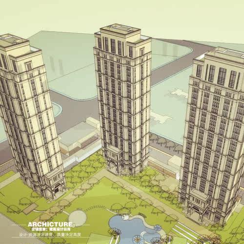 新古典/三段式/社区高层点式住宅/横向线条/石材/建筑设计/su模型 - 图2