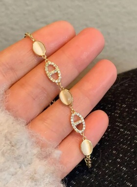 法式镶钻猫眼石猪鼻子手链百搭