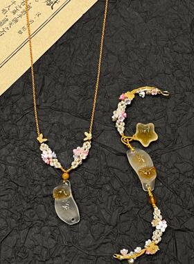 新中式猫咪花朵编织毛衣链百搭