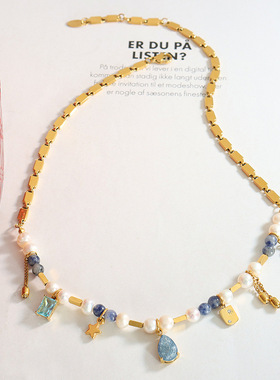 几何天然石珍珠钛钢吊坠项链