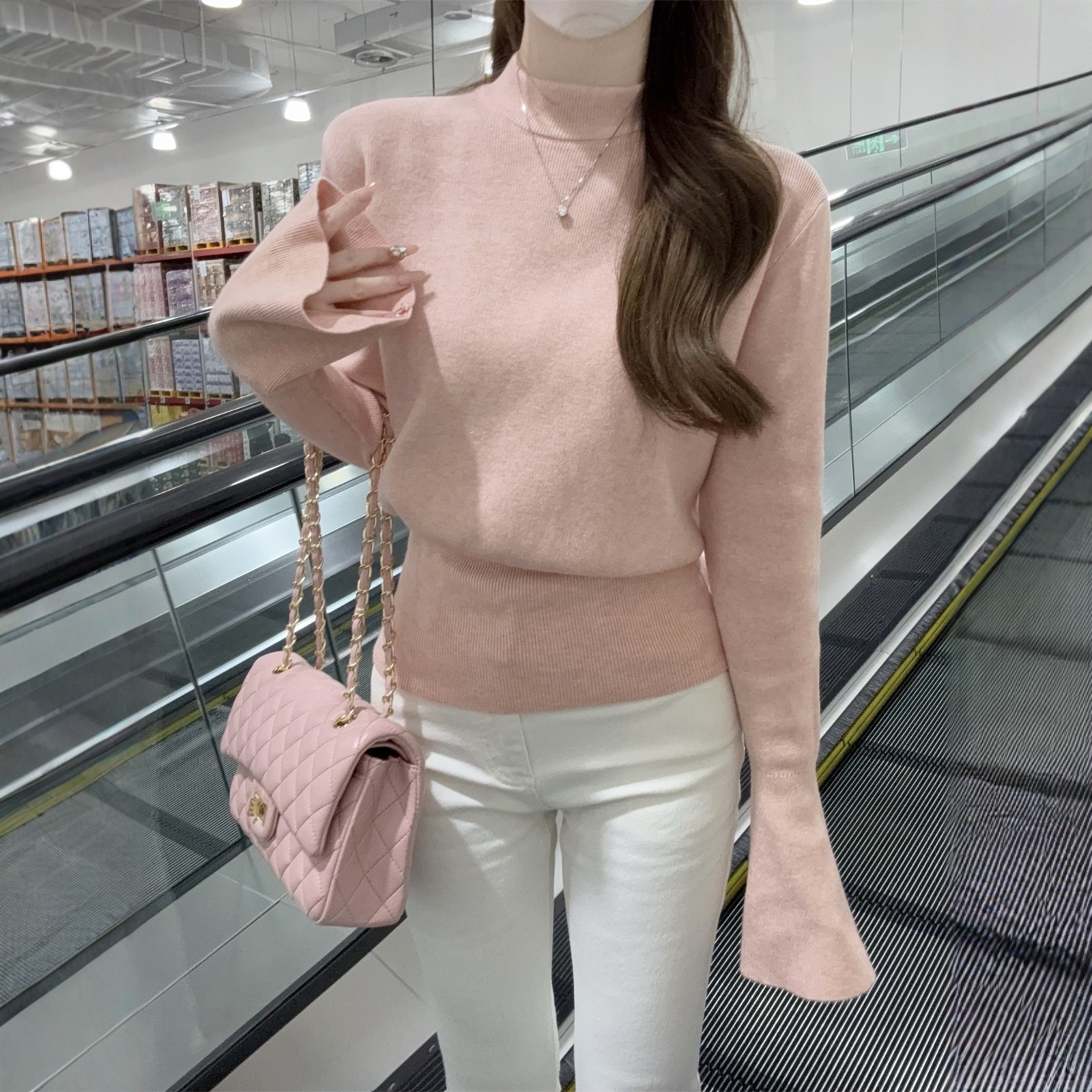 甜美风粉色半高领针织衫女喇叭袖修身内搭毛衣女打底衫春秋季上衣,淘宝优惠券,粉丝福利购,淘宝优惠卷