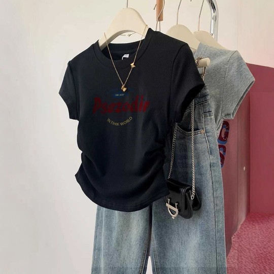 2025夏季新款美式正肩修身上衣女印花褶皱收腰显瘦花灰色短袖t恤