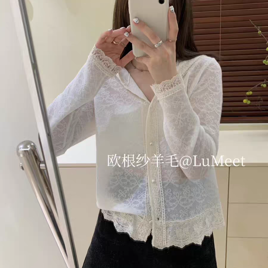 欧货欧根纱细羊毛连帽蕾丝打底衫开衫花边秋冬针织毛衣韩版淑女装 - 图1