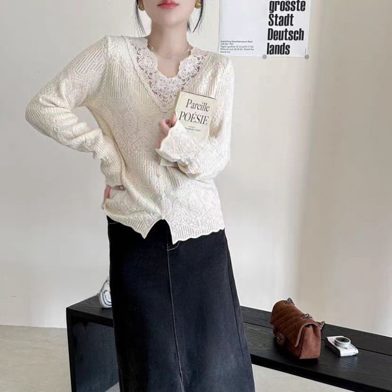 欧洲站高端法式羊毛蕾丝打底衫秋冬新款下摆开叉白色毛衣气质女款,淘宝优惠券,粉丝福利购,淘宝优惠卷