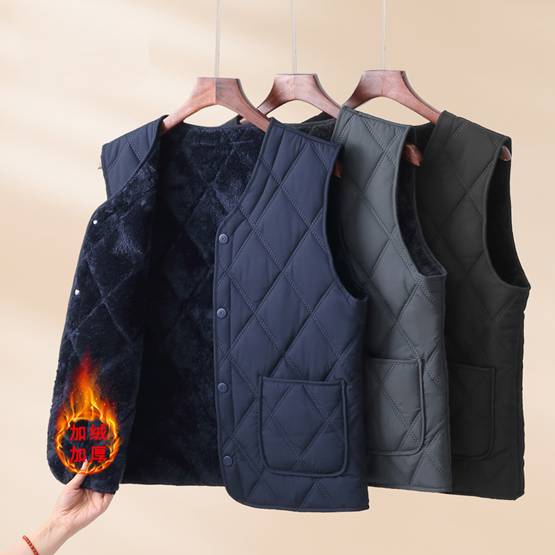羽绒棉马甲男2025秋冬新款加绒加厚中老年人内穿保暖爸爸坎肩棉衣 - 图3