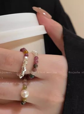 珍珠天然石戒指女轻奢复古小众设计食指戒高级串珠碎银子指环