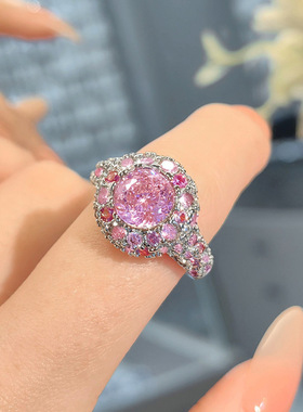 玫瑰殿下渐变粉钻鸟巢切戒指满钻豪镶中古老钱风超闪满天星女戒