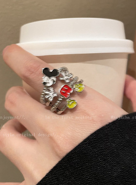 可爱鼠了~卡通老鼠开口戒指女小众设计食指戒ins风时尚个性关节戒