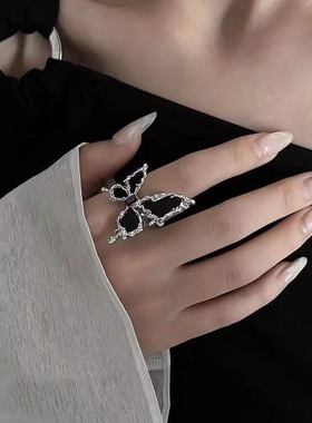 黑色蝴蝶戒指女开口可调节时尚个性夸张小众设计高级感冷淡风指环