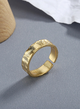 S925纯银不规则凹凸面金银锡箔纸开口个性复古戒指指环女银饰批发