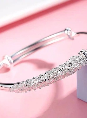 新款铜镀银色孔雀手镯女高级感实心推拉调节镯子年轻款送女友闺蜜