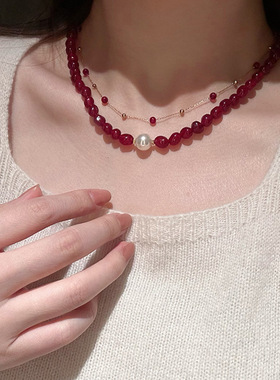 新中式石榴红珍珠项链显白串珠锁骨链女高级感ins风轻奢高级礼物