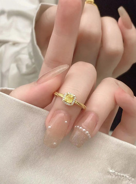 热销小红书同款 镀18k金色黄钻小方糖彩宝戒指 仿水晶锆石指环女