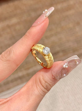 意大利手工拉丝老钱风vintage麦穗中古戒指简约百搭镀18k黄金女戒