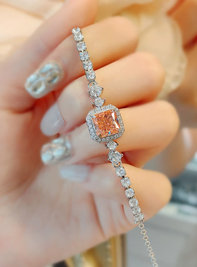 时尚百搭超闪冰花切日落橙帕帕拉恰手链女镶嵌公主方中国红高碳钻
