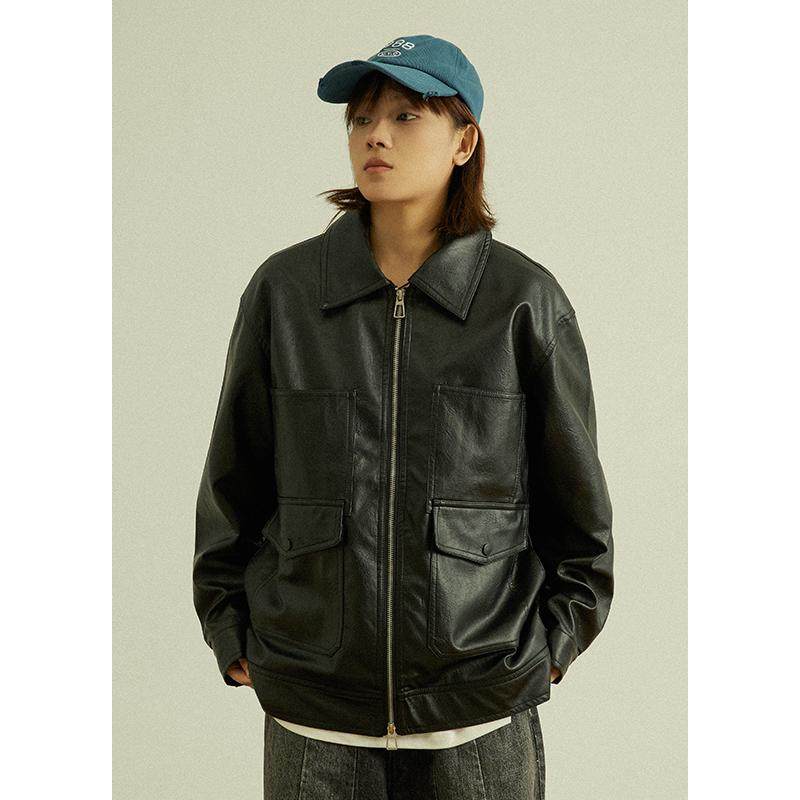 GoodNorth日系复古翻领外套中性男女同款皮夹克宽松帅气皮衣上衣,淘宝优惠券,粉丝福利购,淘宝优惠卷