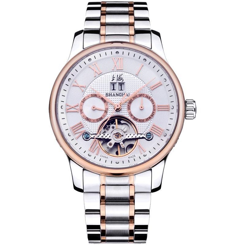 上海手表国民系列40毫米镂空飞轮三眼表盘男自动机械钢带腕表6003 上海手表国民系列40毫米镂空飞轮三眼表盘男自动机械钢带腕表6003