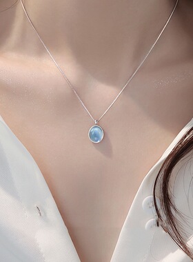 999纯银海蓝宝石椭圆项链女轻奢独特设计ins蛇骨链吊坠锁骨链礼物