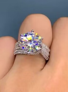 莫桑石钻戒镶嵌戒指女925纯银镀18k铂金三世情缘婚戒情侣对戒指环