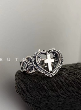 女925纯银黑萝莉爱心十字架戒指